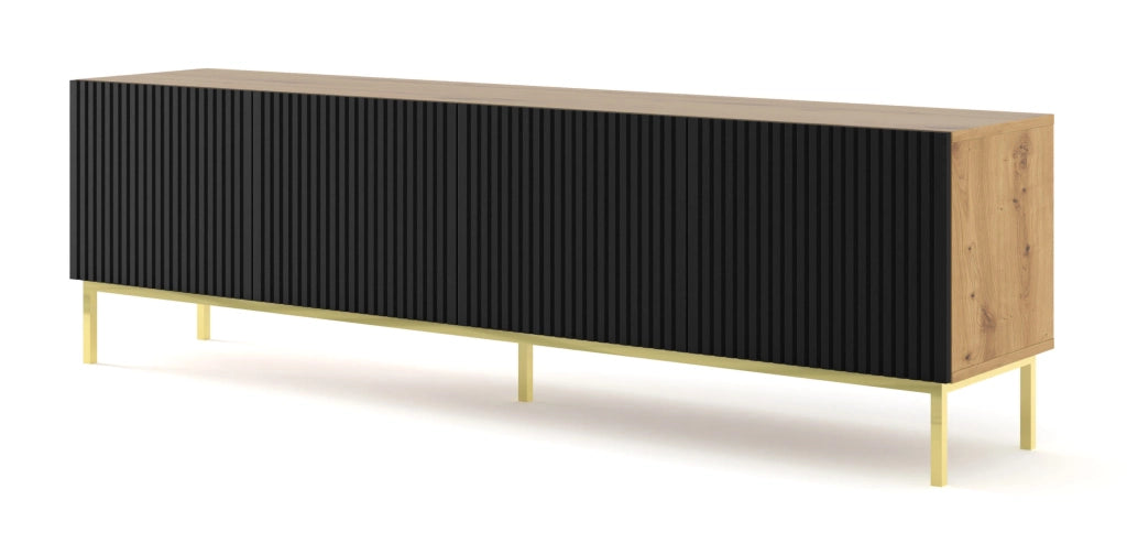 MOBILE RAVENNA B PORTA TV IN MDF RIVESTITO IN LEGNO 4D 200 ROVERE ARTIGIANALE NERO OPACO STRUTTURA ORO