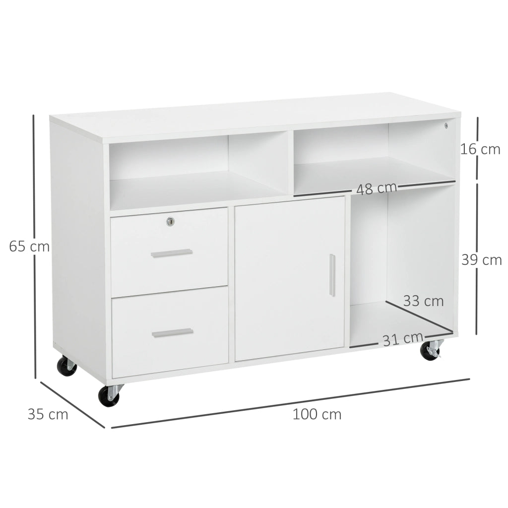 Mobile Porta Stampante a Rotelle con 2 Cassetti Chiudibile a Chiave, 3 Ripiani e Armadietto, Mobile Stampante per Documenti da Ufficio e Studio, 100x35x65 cm, Bianco