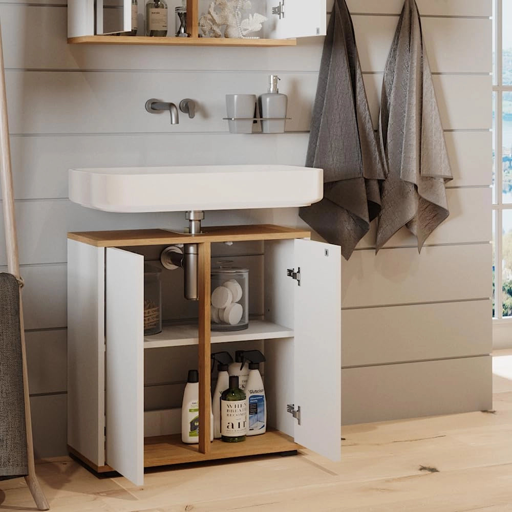 Mobile sottolavabo per bagno Didi, Bianco/Artisan, 60 x 62 cm con 2 porte, per la conservazione di articoli da bagno e prodotti per la cura personale