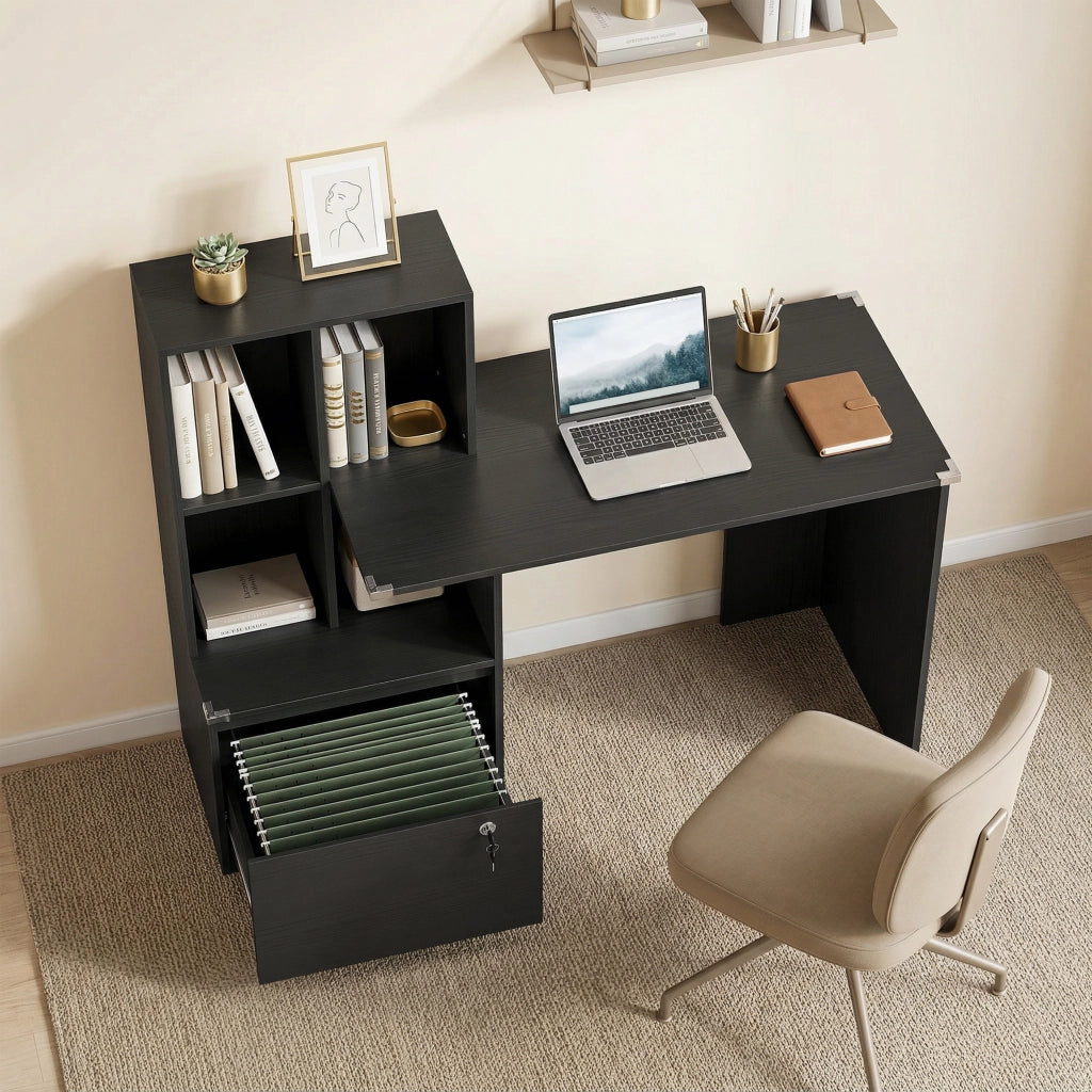 Scrivania con libreria e cassetto bloccabile ¨C Zephmum ¨C Nero, legno, 126x50x109 cm