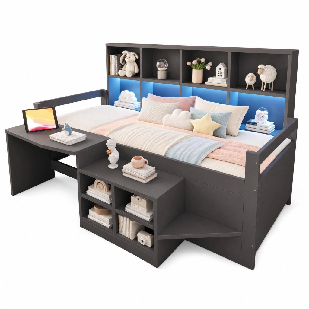Letto multifunzionale 90x200 cm con scrivania; contenitori; LED e prese USB; grigio