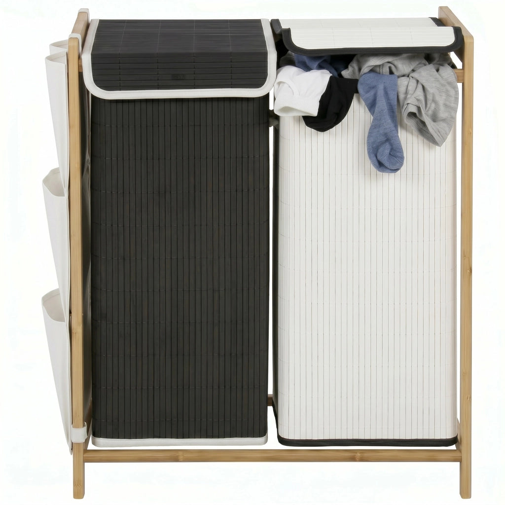 Cesto Portabiancheria 2 Scomparti 120L con Coperchi, Tasche Laterali, Sacchi Estraibili per Camera da Letto
