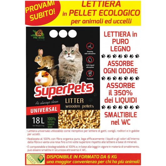 Lettiera Biologica in Pellet Ecologico per Animali Domestici e Uccelli SuperPets Universale  N° 1 - 18L. 6Kg