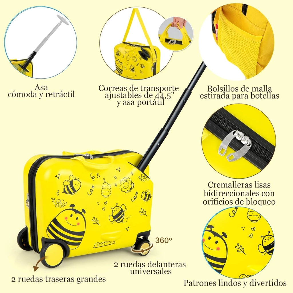 Set di Valigia Cavalcabile 18’’ + Zaino 12’’ per Bambini 2 Pezzi, Bagagli 2-in-1 di con Maniglia Telescopica e 4 Ruote, Trolley Bagaglio a Mano e Zaino per Bambini (Giallo Ape)