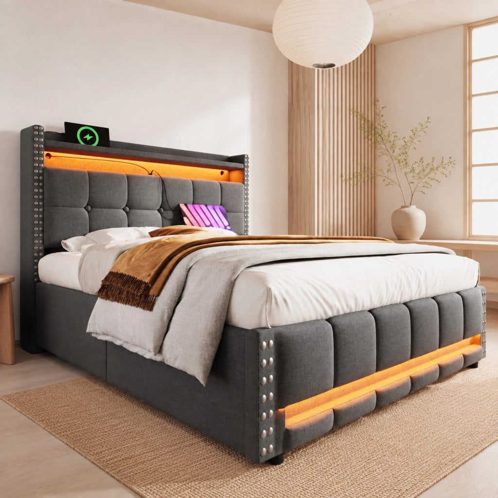 Letto matrimoniale imbottito 140x200 cm con LED e USB; contenitore e rivestimento in lino grigio