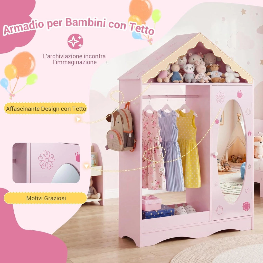 Armadio con Specchio per Bambini, Guardaroba Coperto con Appendiabiti Aperto, Scaffali e Ganci, Armadio e Organizzatore di Costumi per Camera da Letto e Stanza dei Giochi (Rosa)