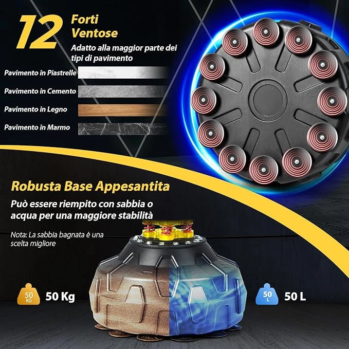Bersaglio Boxe Multifunzionale da Terra, Sacco da Boxe con Asta Rotante a 360°Autonoma con 2 Palle, Altezza Regolabile e Base Riempibile, per Casa o Palestra