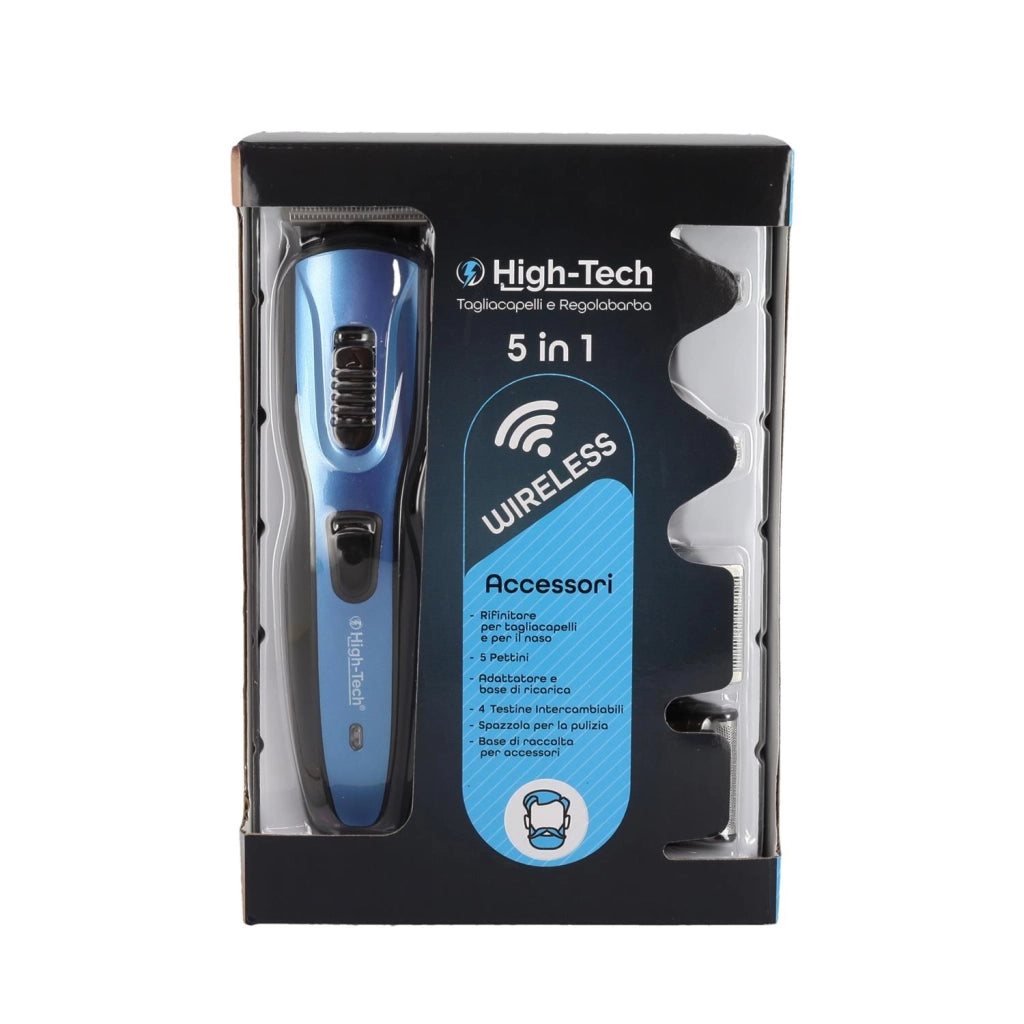 HIGH-TECH TAGLIA CAPELLI E REGOLABARBA WIRELESS 5 IN 1 CON AUTONOMIA DI RICARICA DI 60 MINUTI ASENZA FILI