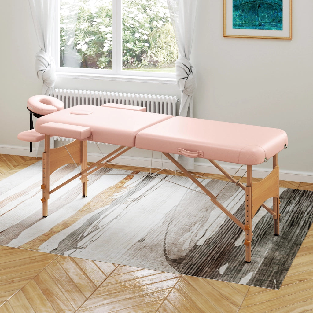 Lettino da Massaggio Pieghevole ¨C Xylo ¨C Rosa, Struttura Legno, Poggiatesta Rimovibile, Altezza Regolabile 210x81x67-92 cm