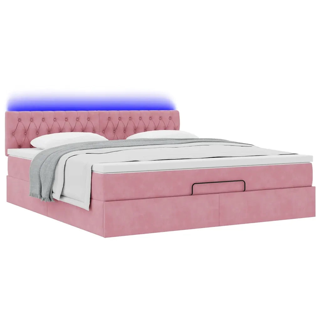 Pouf Letto con Materasso e LED Rosa 180x200cm in Velluto