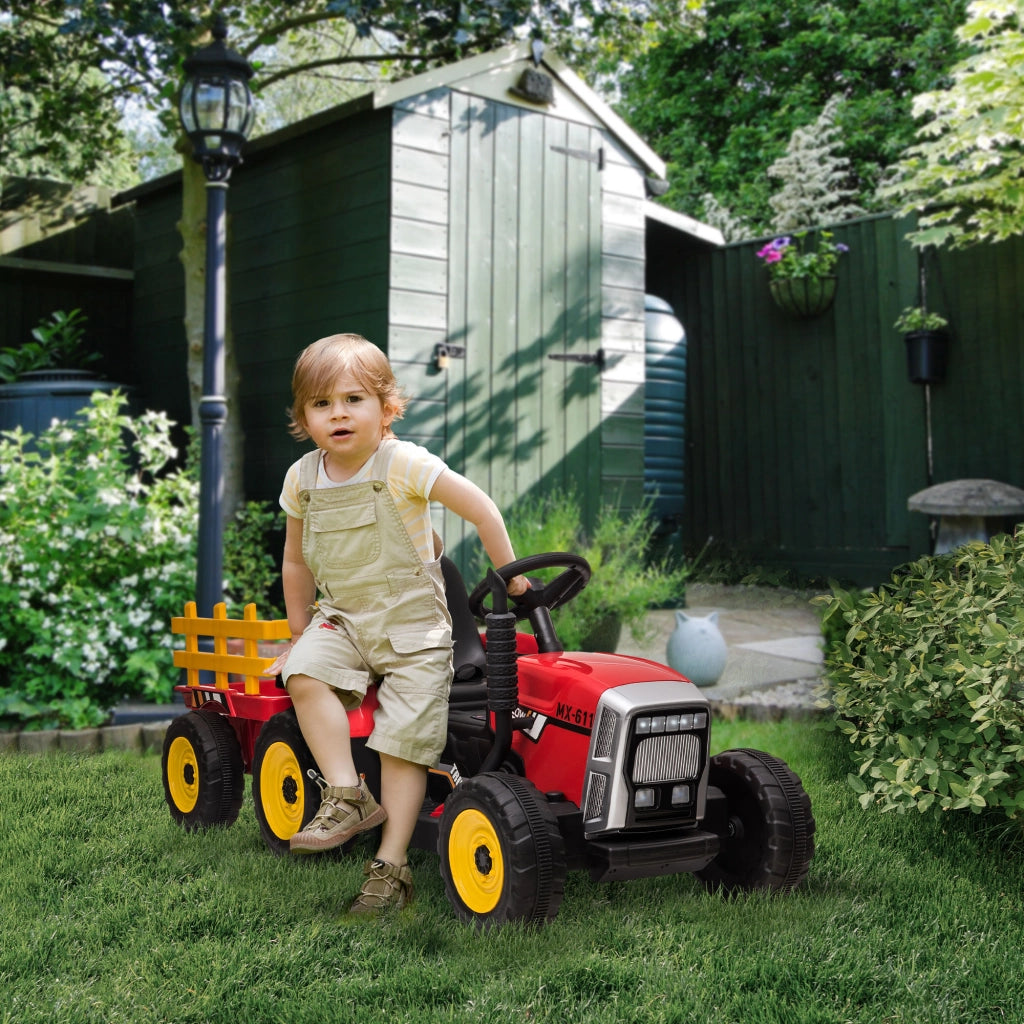 Trattore Elettrico per Bambini 3-6 Anni con Rimorchio Rimovibile, Batteria 12V e Telecomando, Rosso