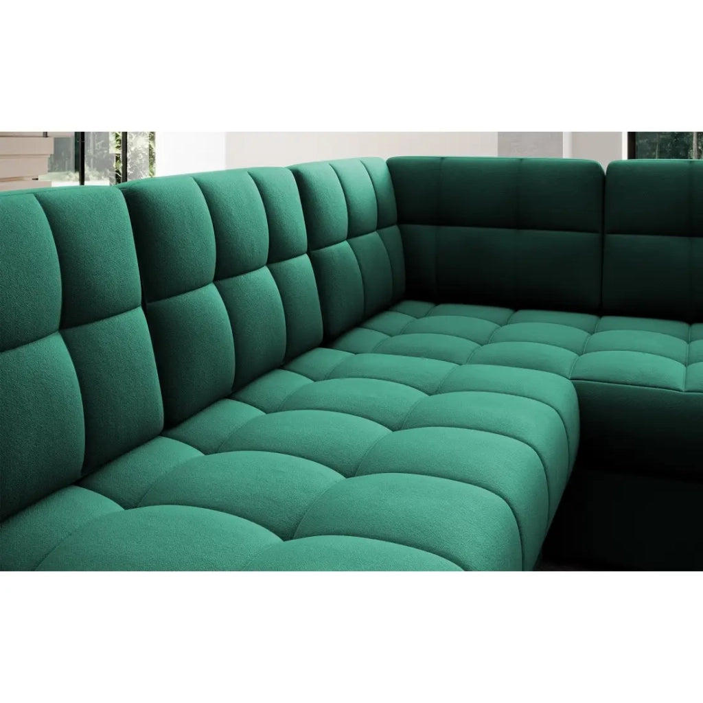 Divano ad angolo convertibile MONTEZA verde sinistro 299 cm con vano contenitore e letto