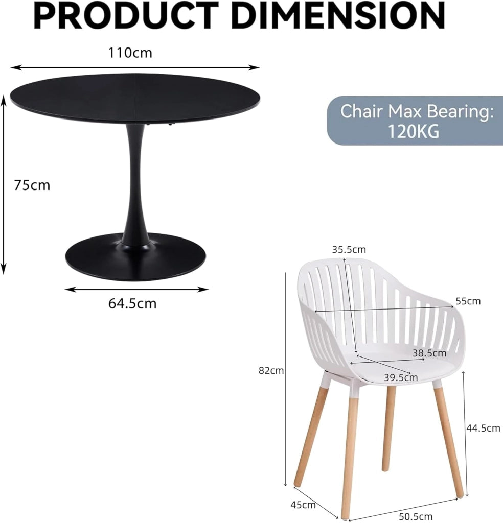GrandCA HOME Set Tavolo e Sedie da Pranzo Moderno, Tavolo Rotondo da 110CM con 4 Sedie, Gambe in Legno di Faggio, Adatto per Soggiorno, Balcone, Giardino (Bianco)