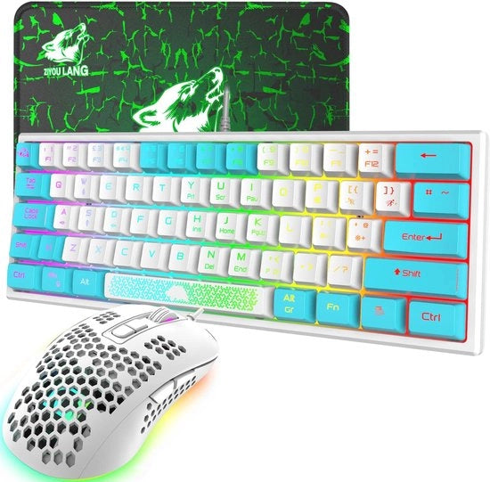 Tastiera da Gioco Compacto 60% e Set di Mouse - 62 Tasti e Mouse Ultraleggero 2400 DPI con Illuminazione RGB di Sfondo