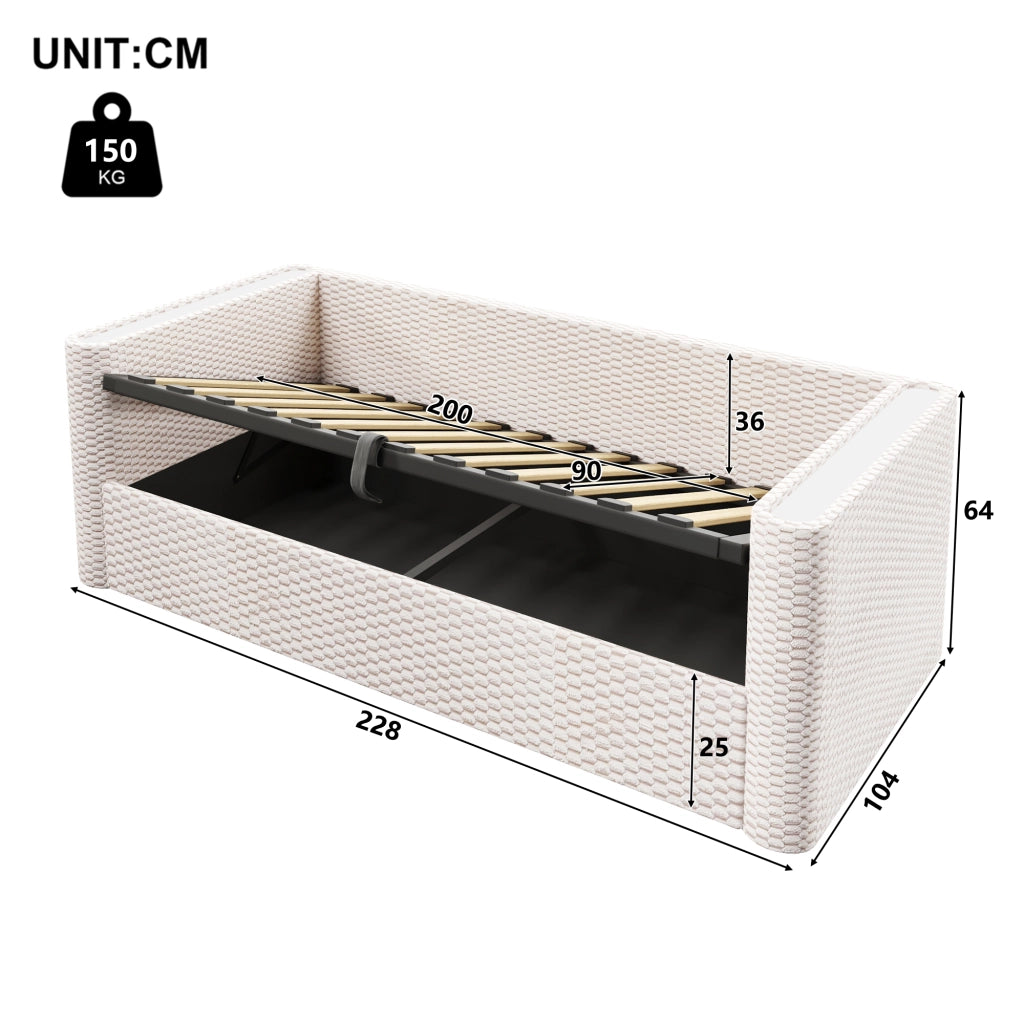 Letto singolo 90×200 cm contenitore con LED e meccanismo idraulico; senza materasso; velluto; beige
