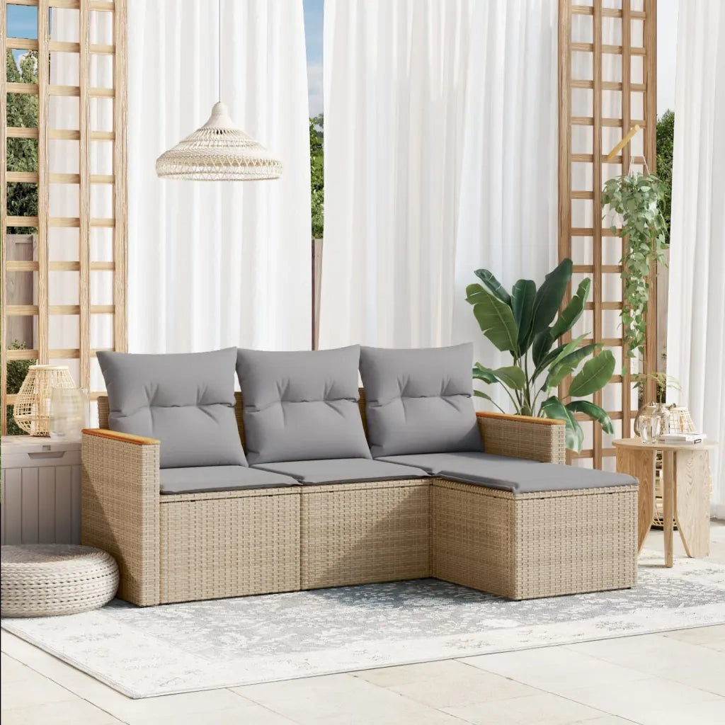 Set Divano da Giardino 4 pz | Set Salotto da Giardino con Cuscini Beige in Polyrattan