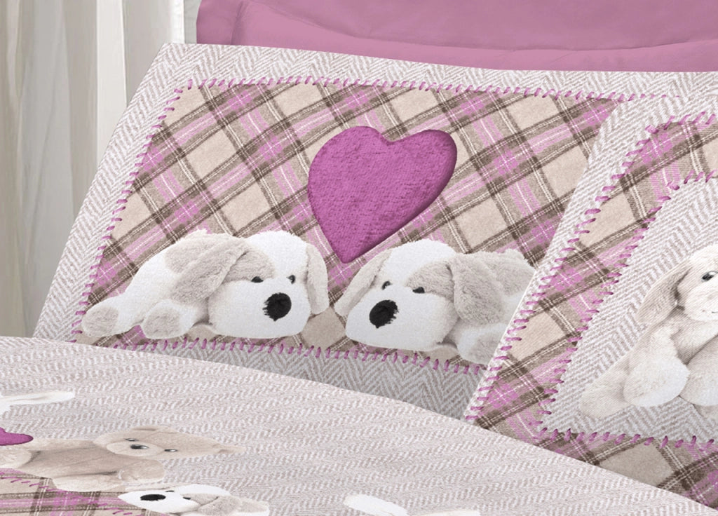 Completo Lenzuola Linea Pensieri Delicati 100% Cotone Disegno Peluche - Matrimoniale - Rosa