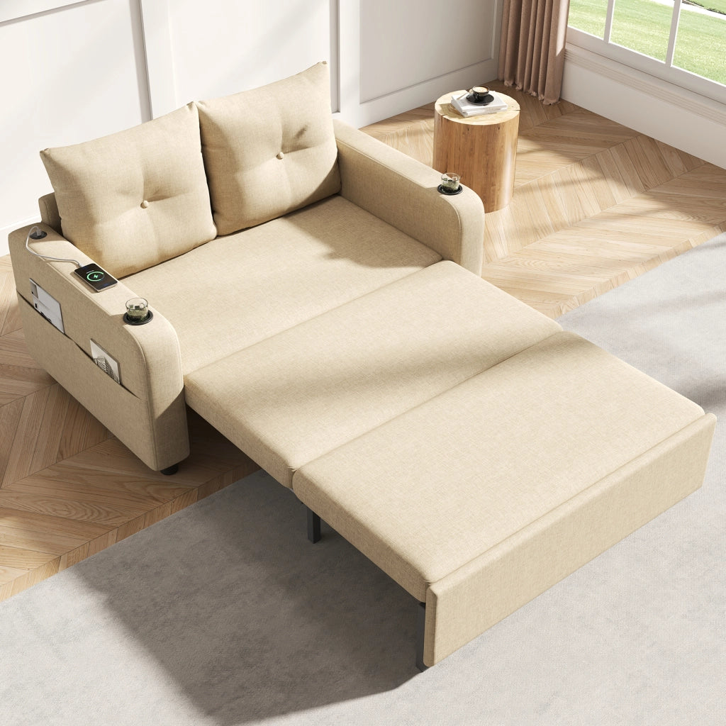 Divano letto 3 in 1 con portabicchieri, tasche laterali, cuscini e porte USB e tipo C in cotone lino beige