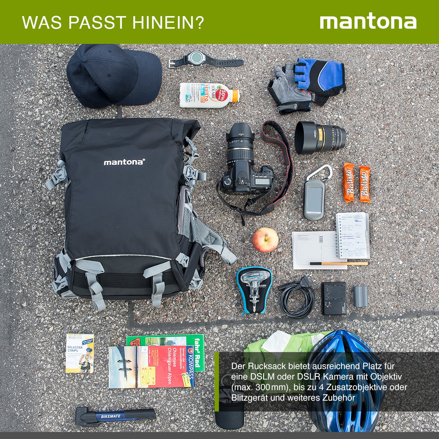 Mantona ElementsPro 30 Zaino per esterni (incl. cintura anca staccabile e copertura antipioggia, adatto a fotocamere DSLR o a sistema) nero, 480mm, 20586