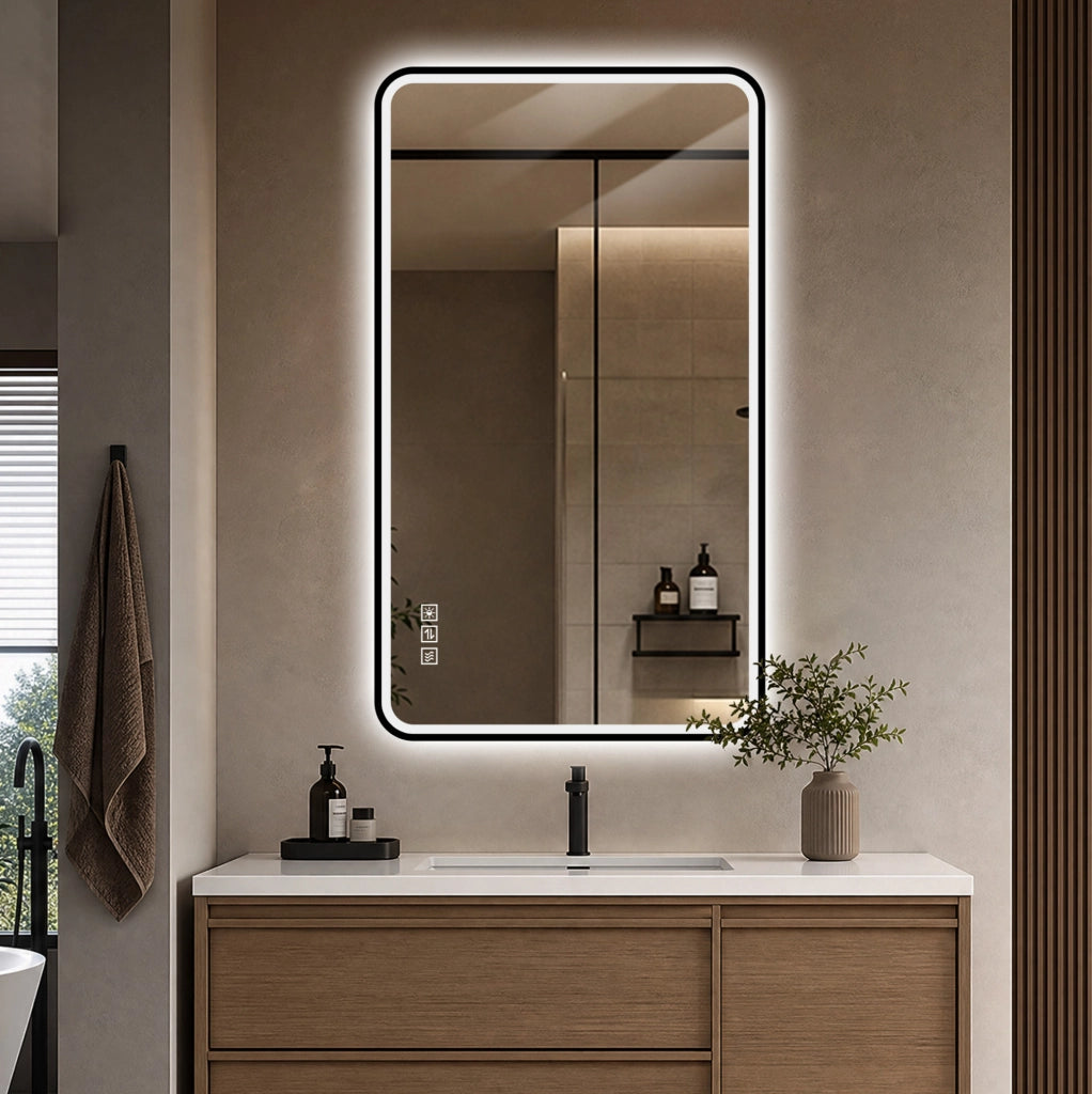 Specchio bagno LED nero con antiappannamento e luce regolabile