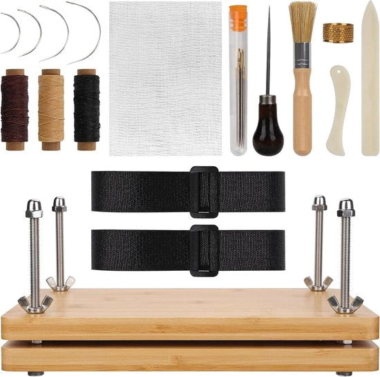 Set di Stampaggio Portatile per Legatura con Stampatrice in Legno, Fazzoletto di Legatura, Aghi, Filo di Cera e Altri Accessori