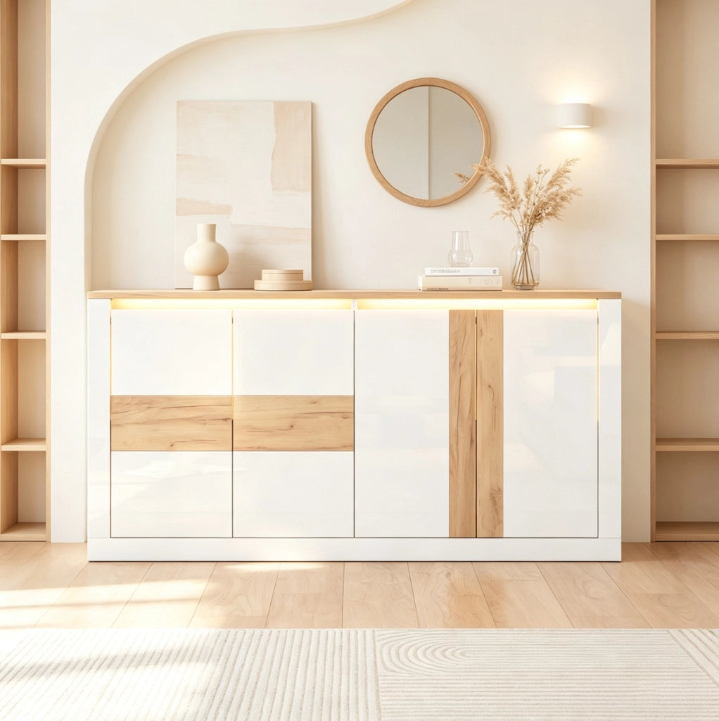 Credenza LED 140x35x70 cm in MDF bianco lucido e rovere naturale con 4 ante