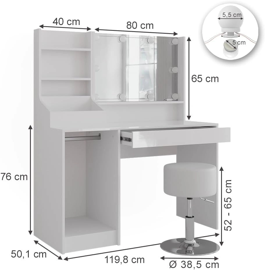 Tavolo da toeletta Sherry, Bianco/bianco lucido, 119.8 cm 5 parti, con illuminazione LED e sgabello per l’uso quotidiano