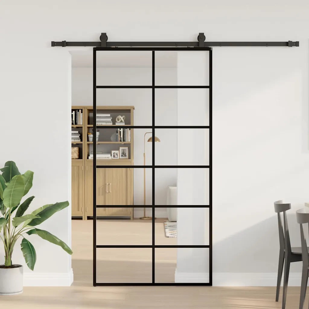 Porta Scorrevole con Ferramenta Nera 102x205 cm in Vetro ESG