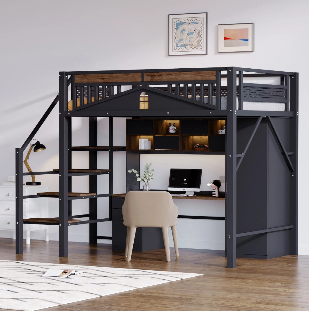 Letto a soppalco 140x200 cm con scala di sicurezza e spazio contenitore in metallo e legno nero