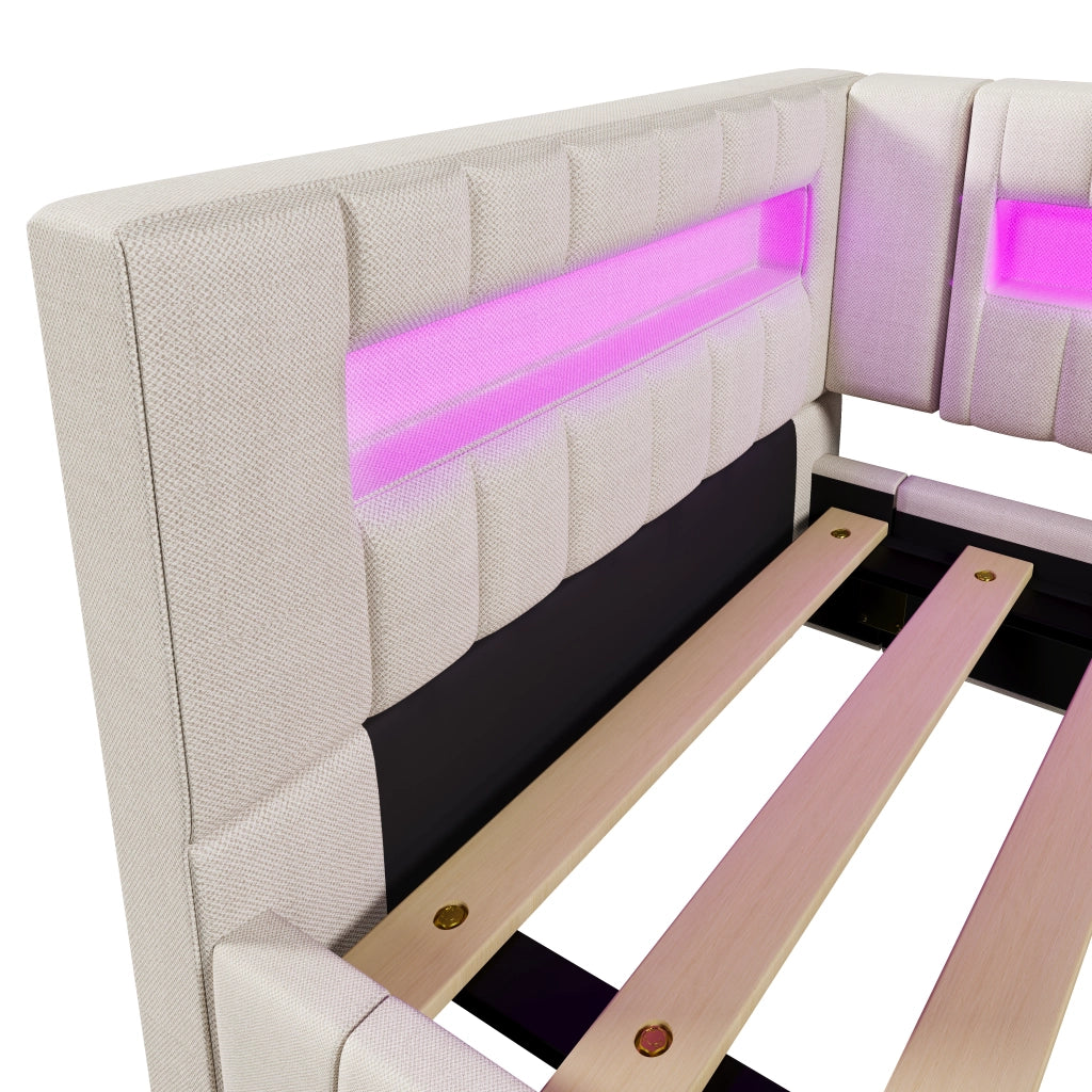OKWISH Letto Divano 90×200 cm, Letto Singolo con Contenitore Idraulico, LED Regolabile e USB e Tipo C, senza Materasso, in Lino, Beige