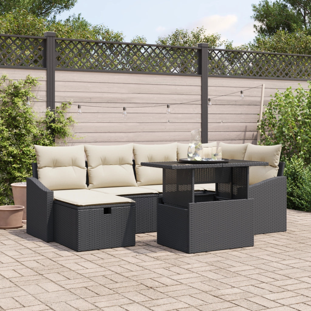 Set di divani da giardino da 7 pezzi con cuscini in polyrattan nero