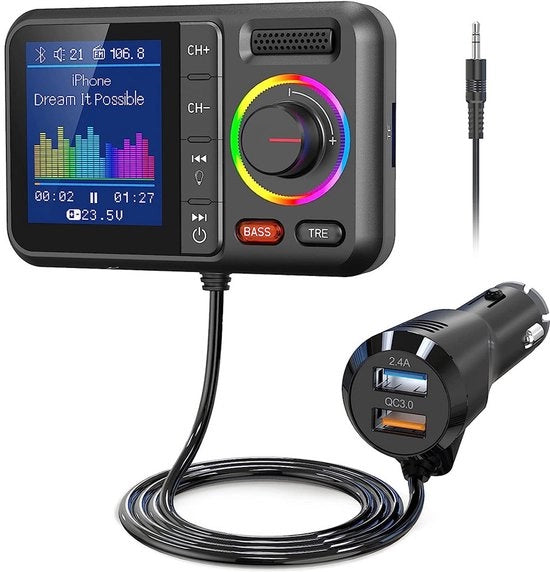 Adattatore Bluetooth adatto per l'auto con trasmettitore FM, Bluetooth V5.0, grande schermo, supporta chiamate a mano libera, Siri e Google, visualizzazione di musica MP3, subwoofer e espansione TRE, carta TF/AUX - KM28 Nero