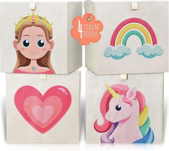 Set di 4 contenitori di scatola per bambini, compatibili con Kallax, contenitore di archiviazione pratica per la camera dei bambini, scatola di giocattoli carina, contenitore di archiviazione per la camera dei bambini con motivi fiabeschi.