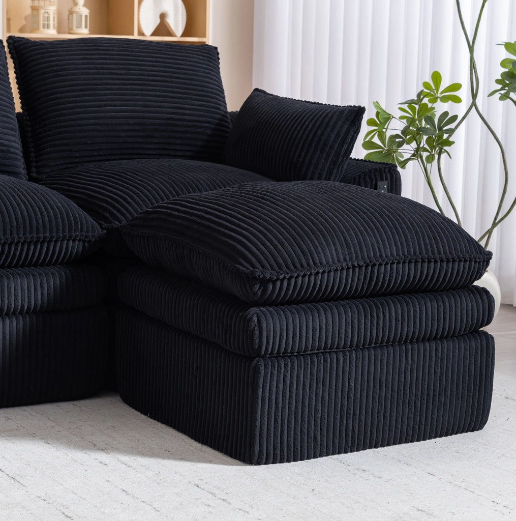 Divano modulare in velluto a coste nero con tasche laterali; 335×167×85 cm