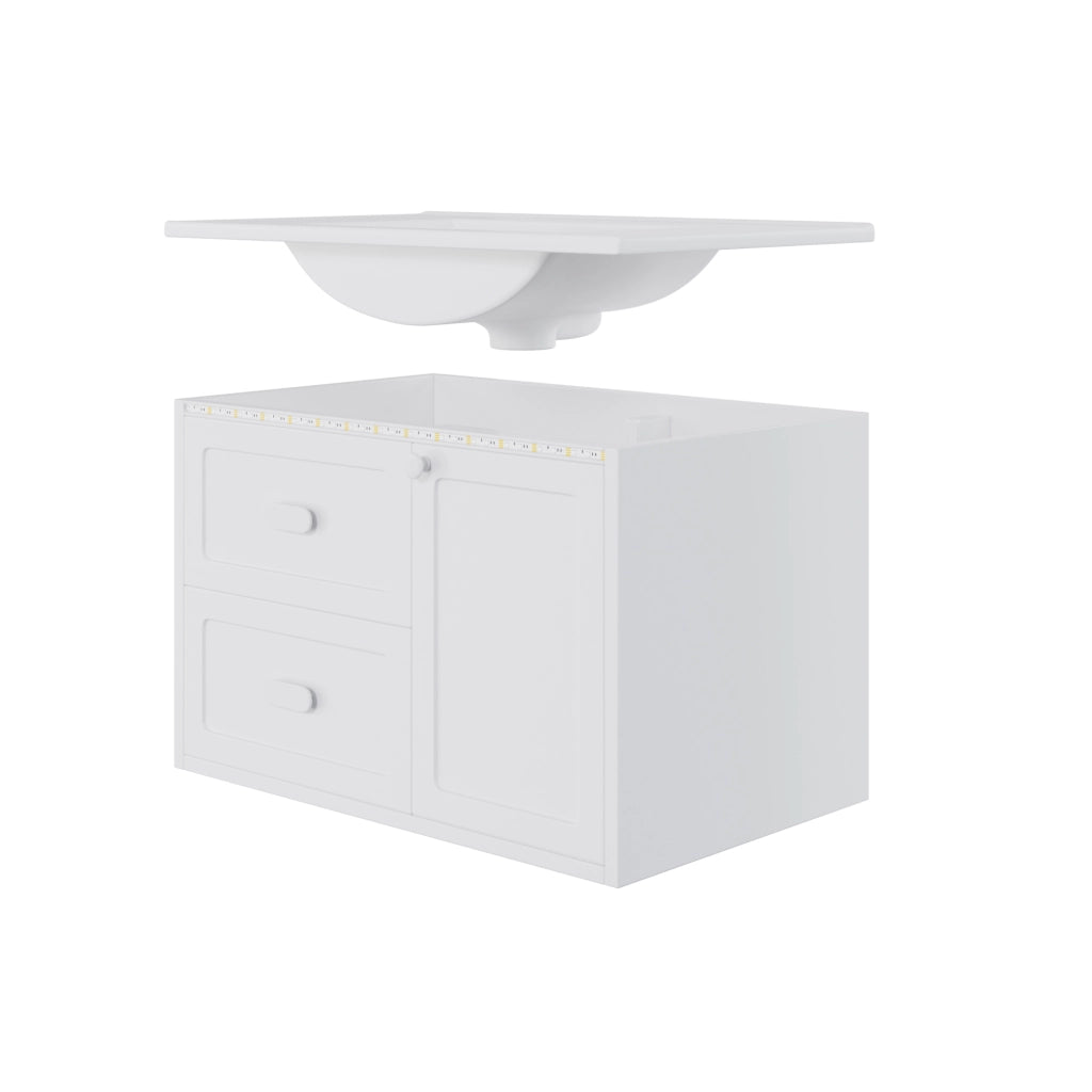 Mobile sottolavabo LED con 2 cassetti e 1 anta; sensore radar; in ceramica e MDF bianco; 76 × 46 × 51 cm