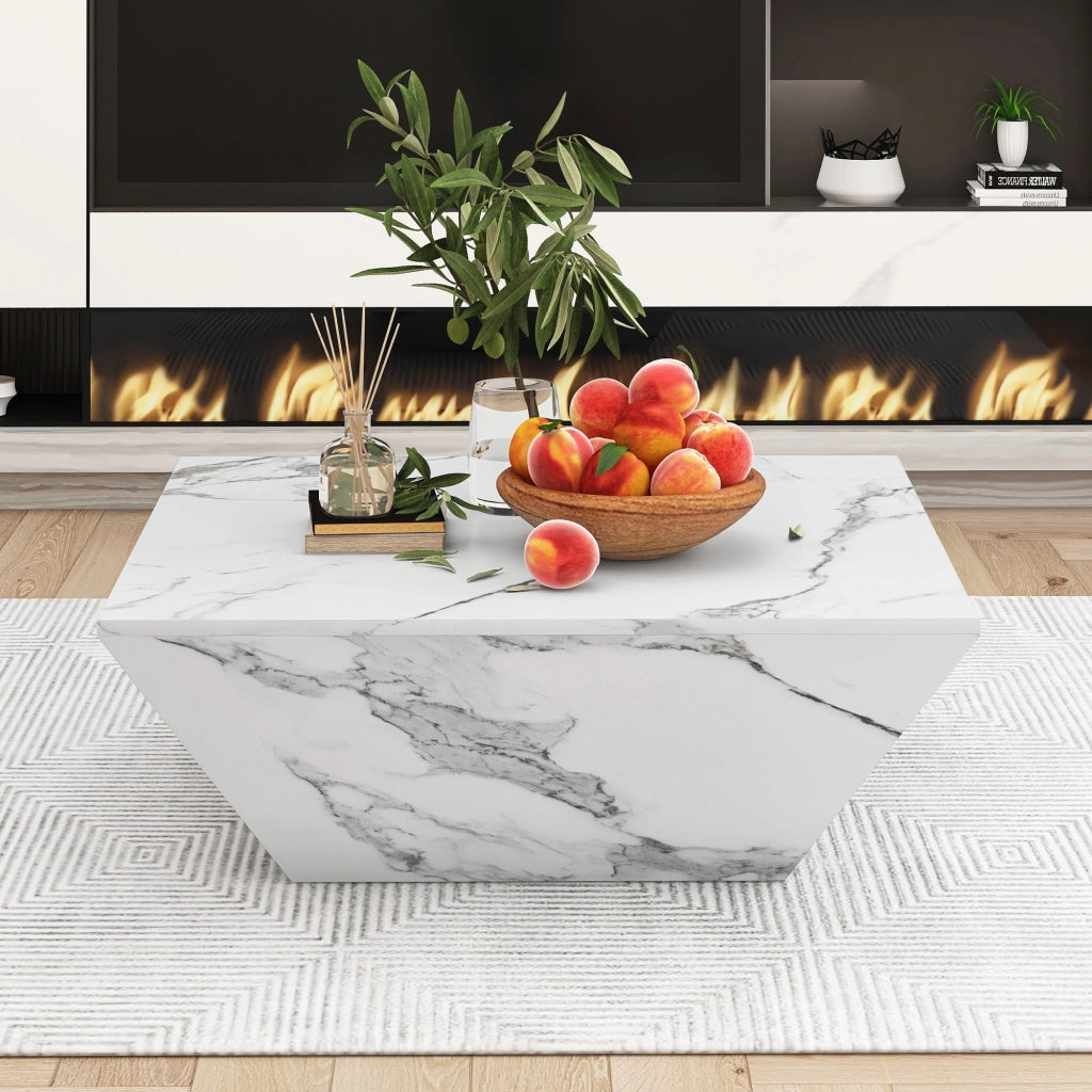 Tavolino basso trapezoidale con 2 cassetti e vani contenitore, in MDF marmorizzato, bianco, 70 × 70 × 37 cm