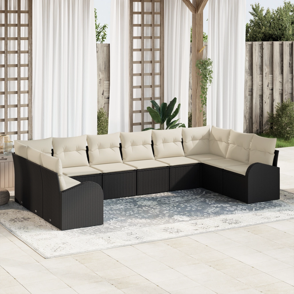 Set divano da giardino 10 pezzi con cuscini nero polyrattan