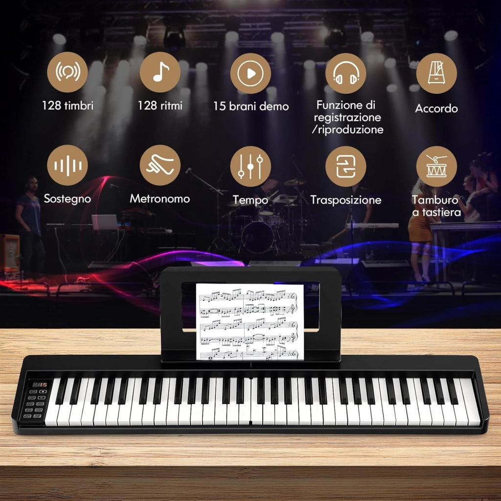Pianoforte Digitale Pieghevole 61 Tasti, Tastiera Elettronica Portatile, con Tasti a Grandezza Standard Leggio Pedale Sustain MIDI Bluetooth e Borsa, per Principianti Bambini Adulti, Nero