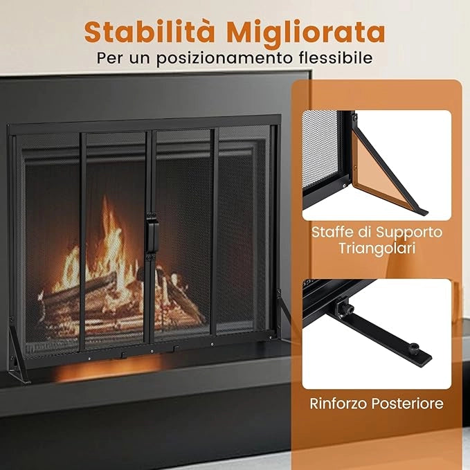 Griglia Parascintille Camino con 2 Pannelli Scorrevoli, Maniglie Convenienti e Telai di Supporto a Triangolo, Ventilazione Eccellente, Schermo per Camino in Rete Metallica (89 x 72 cm)
