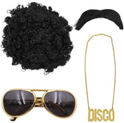 Set di accessori hippie 4 pezzi - Moda hippie - Ideale per feste tematiche - Nero - Parrucca afro, occhiali da sole, baffi e collana con disco - G...