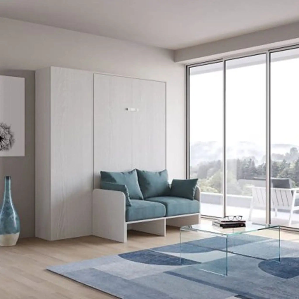 Letto matrimoniale francese a scomparsa 140 Kentaro con divano e colonna bianco frassino, azzurro
