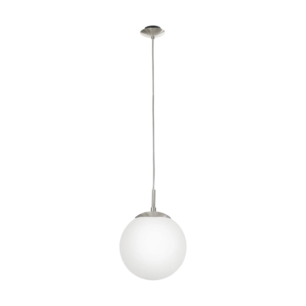 Sospensione Minimal Rondo Acciaio Nichel Satinato Bianco Vetro 1 Luce E27
