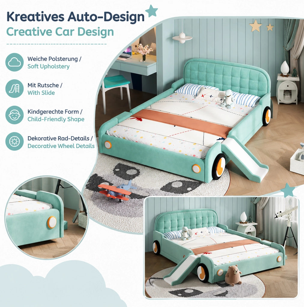 Letto per bambini a forma di auto con scivolo e scala, Blu-verde, 140x200 cm