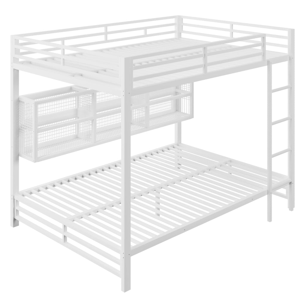 Letto a castello in metallo 140x200 cm con 6 armadietti e LED; bianco