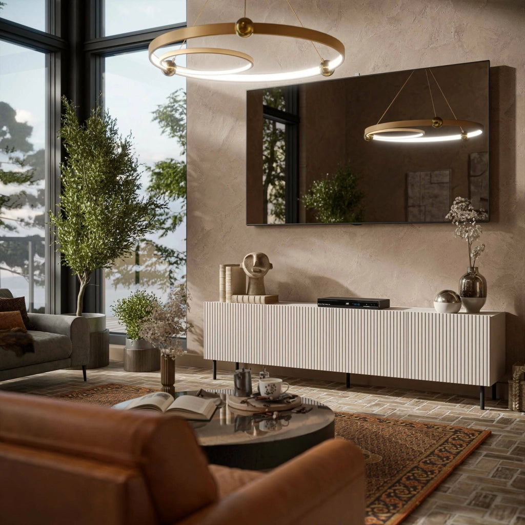 Mobile porta TV Priocca, Madia da salotto con quattro ante battenti, Rialzato da terra, 200x42 h52 cm, Beige