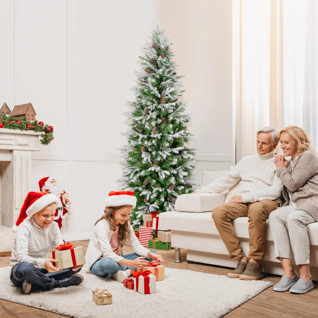 Albero di Natale foderato di neve con rami articolati e 671 punte, Albero di Natale artificiale pre-luminoso 190cm-Alberi di Natale