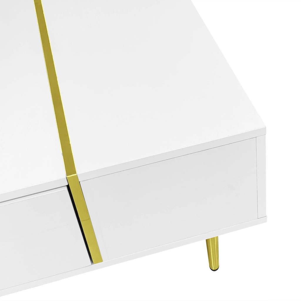 OKWISH Tavolino da Salotto Rettangolare con 2 Cassetti, Finitura Lucida, per Soggiorno, MDF, Bianco, 100 x 60 x 41.5 cm