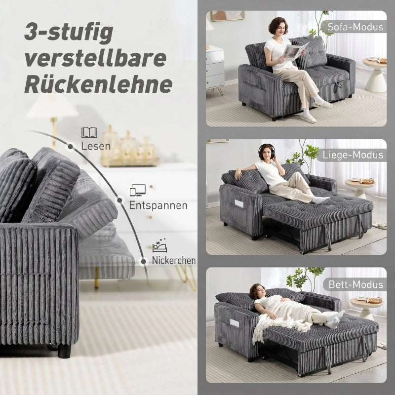 Divano letto 2 posti convertibile 3 in 1 con schienale regolabile, cuscini e tasche laterali in poliestere grigio scuro 190 × 126 cm
