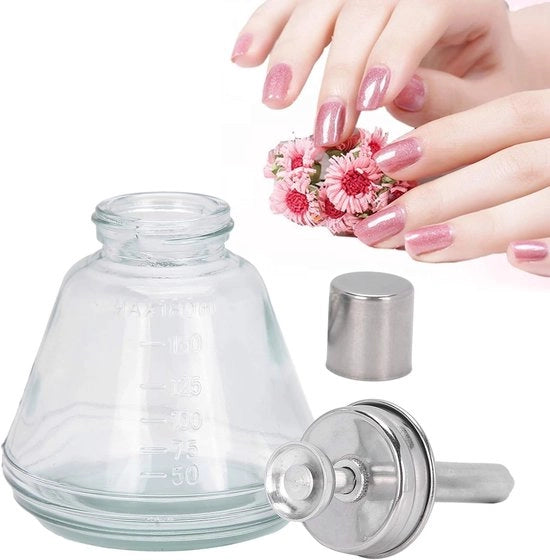 Dispensatore professionale in vetro da 180 ml con flacone riutilizzabile, pompa liquida e accessorio per manicure in materiale duraturo.