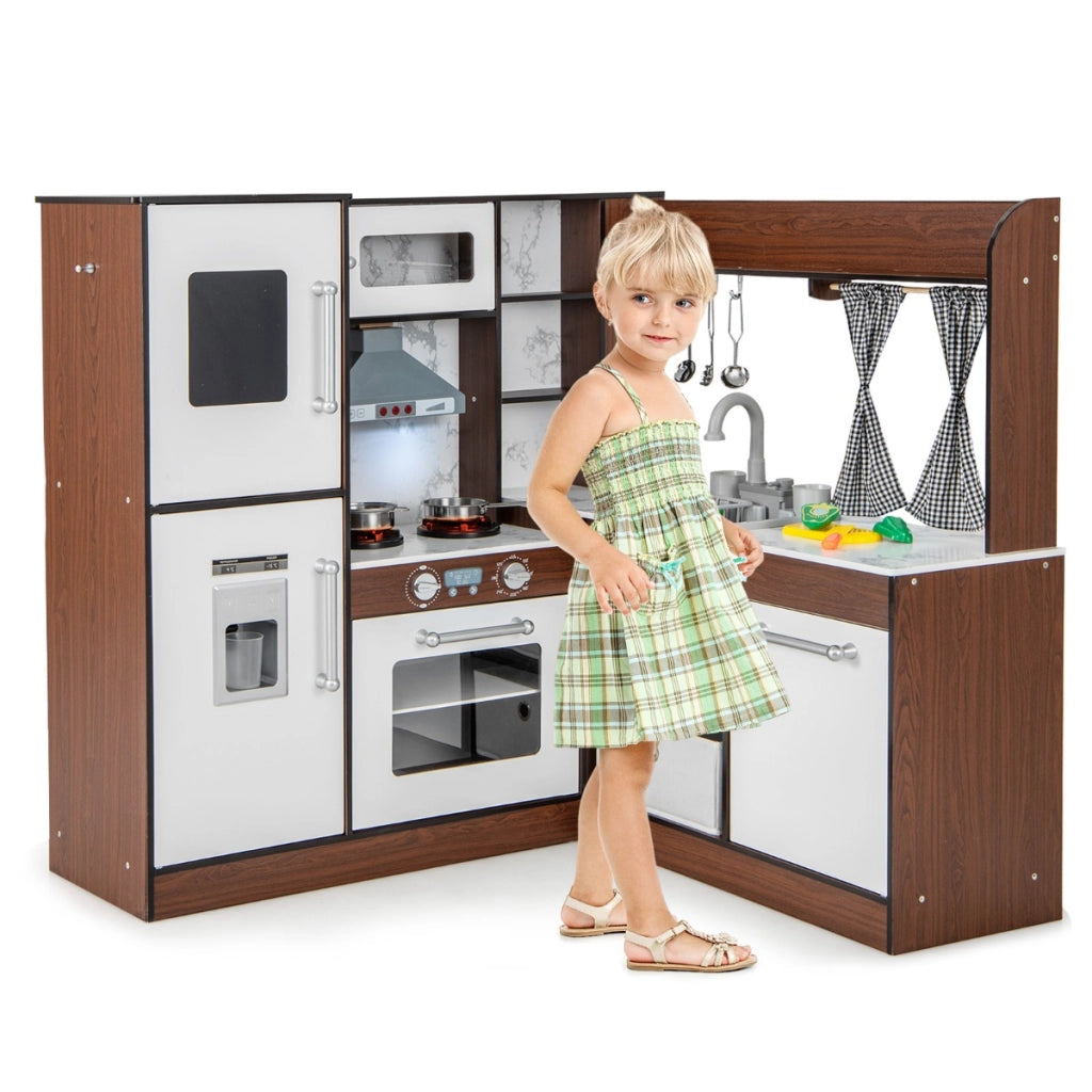 Cucina giocattolo angolare con luci e suoni realistici sistema di circolazione dell'acqua-Cucina per bambini Marrone